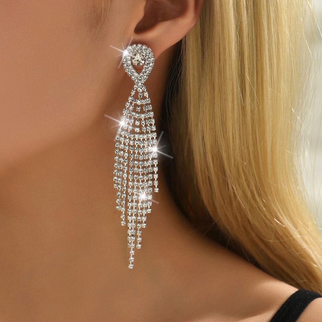 Unicra Long Tassel Rhinestone Earrings Silver Diamond Dangle Earrings Jewelry Sets Crystal Bridal Wedding Earrings Accessories for Women and Brides