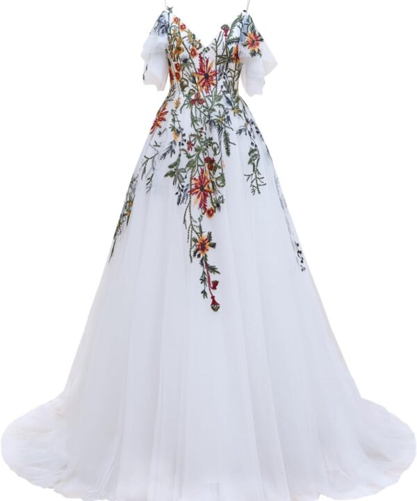 Floral Tulle Wedding Dresses for Bride 2025 Colorful Embroidered Wedding Ball Gowns V Neck Lace Bridal Dress