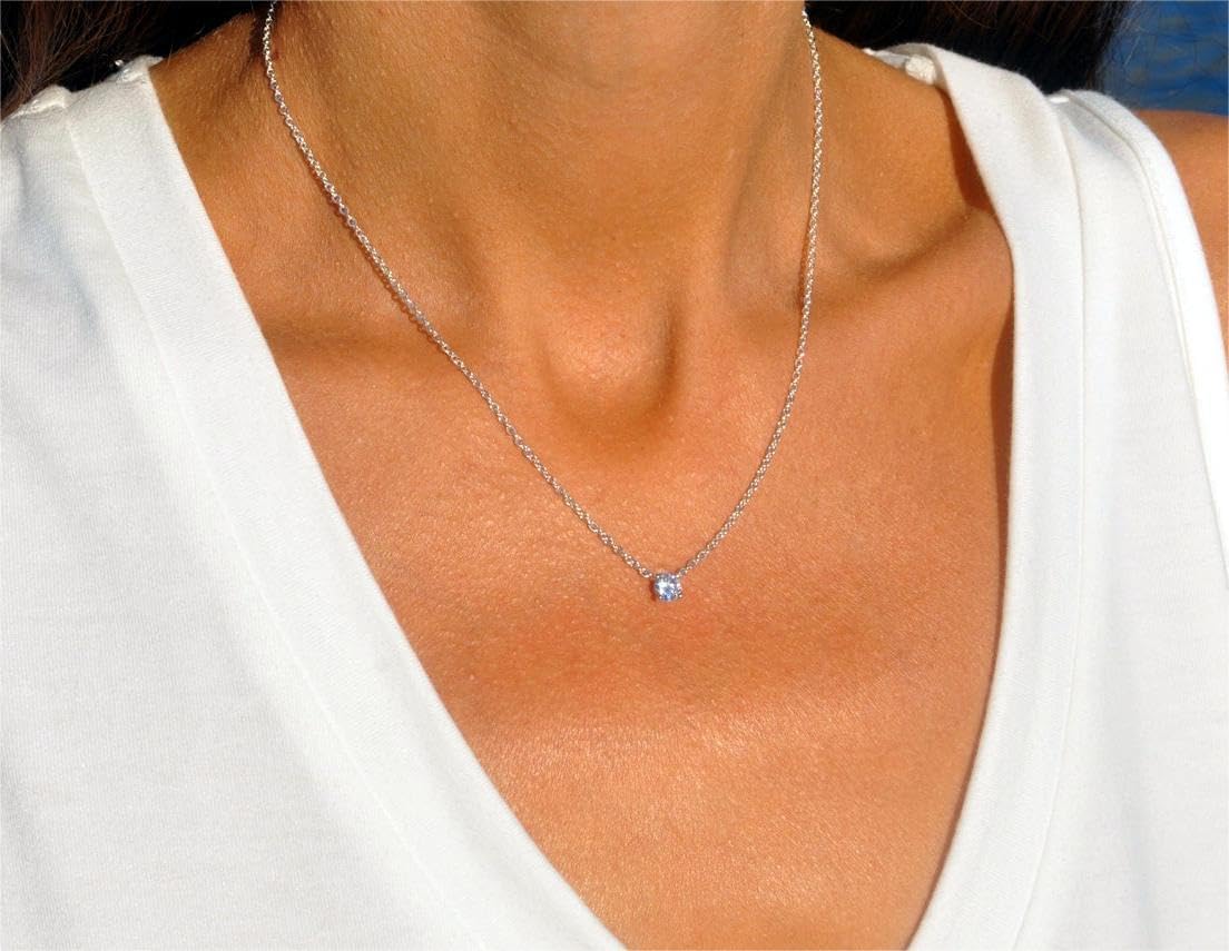 ASCOMY Dainty CZ Diamond Solitaire Pendant Necklaces for Women 14K Gold Plated Single Round Cubic Zirconia Square Simulated Diamond Choker Necklace Bride Bridesmaid Weeding Jewelry Gifts