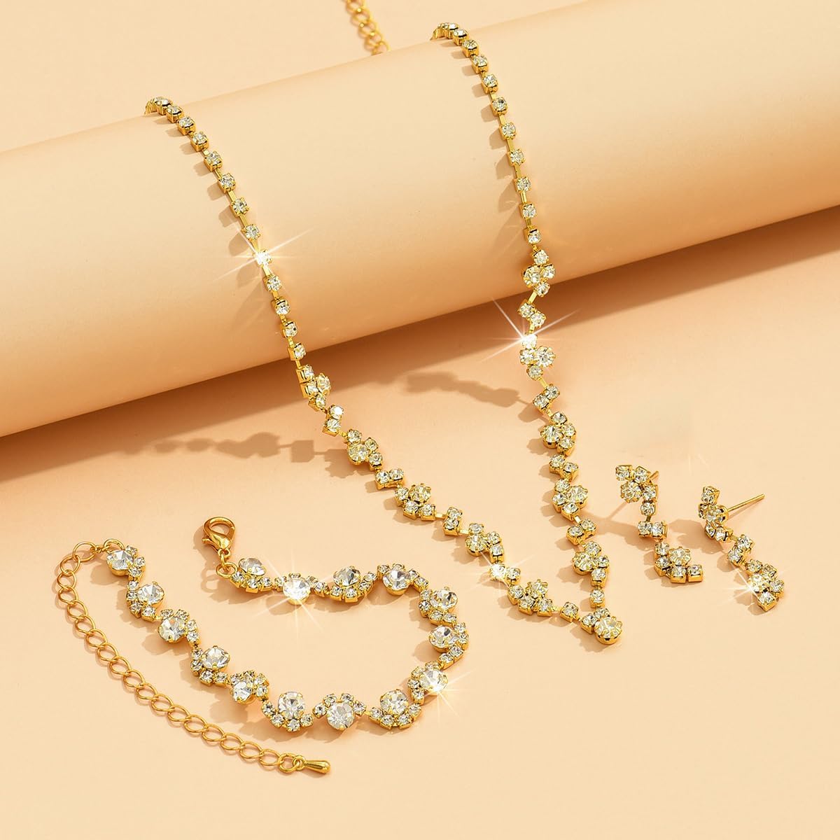 Prom Earrings Necklace Bracelet Set Elegant Crystal Rhinestone Necklace Earrings Bracelet Bridal Wedding Prom Dresses Costume Outfit Gold Jewelry Sets for Women