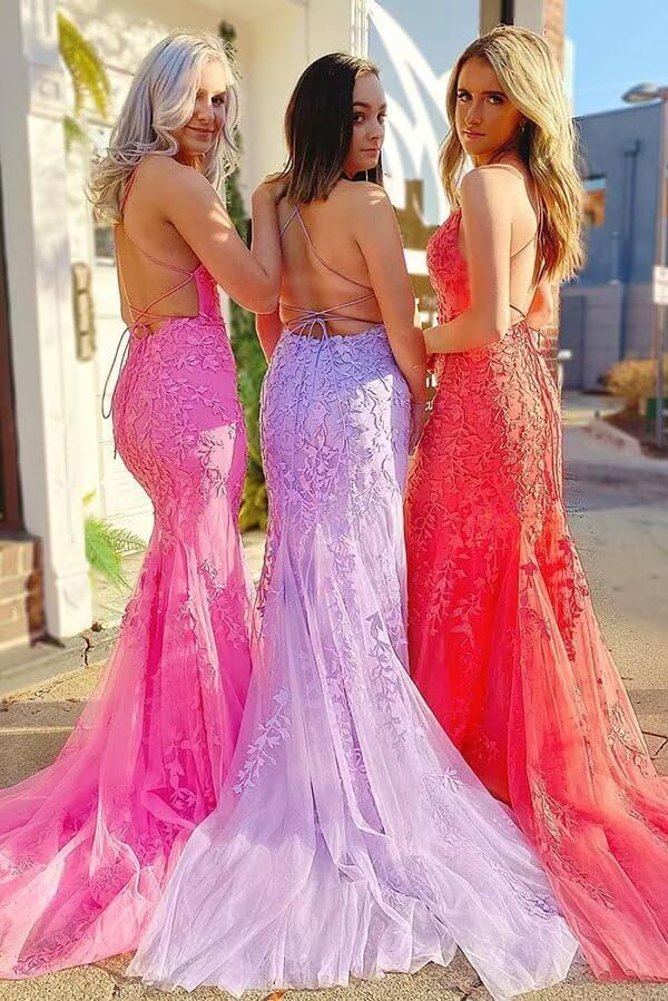 Mermaid Prom Dresses 2025 Spaghetti Straps Evening Gowns Lace Applique Floral Formal Dresses for Women