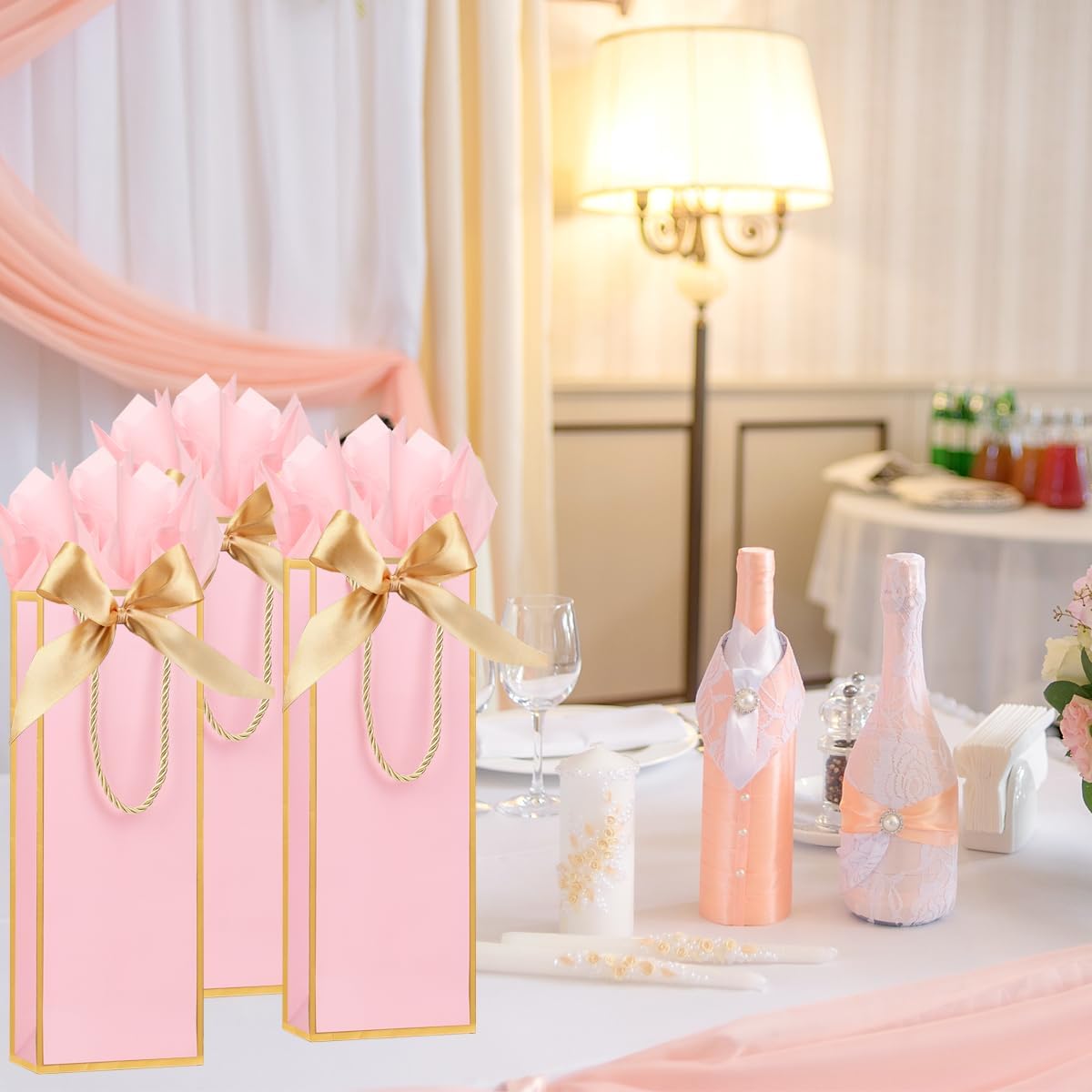 ZJHiome 6 Pack Wine Gift Bags with Tissue Paper Wine Bottle Paper Bags with Bow Ribbon for Wedding Birthday Christmas Retirement Party Supplies (Pink)