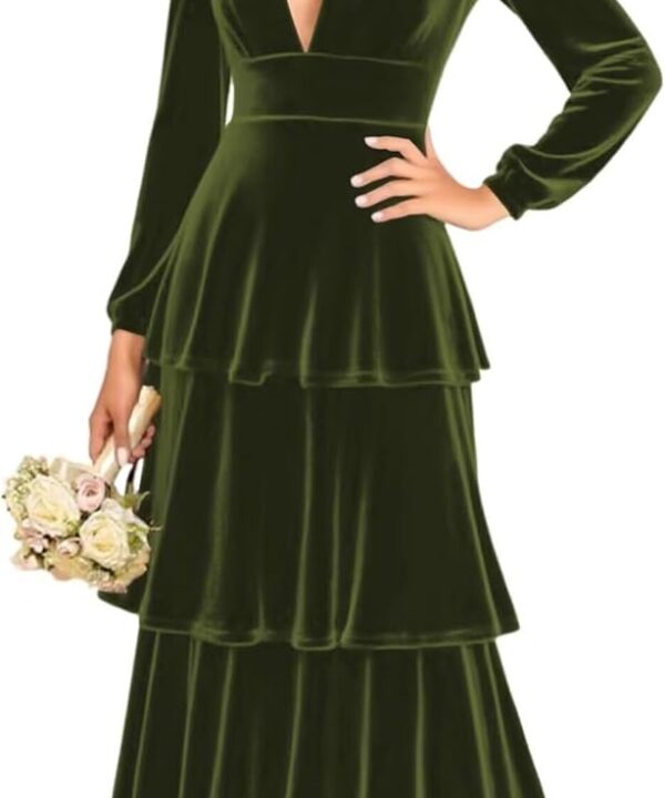 Velvet Bridesmaid Dresses Long Sleeve V Neck Corset Tiered Long Formal Evening Party Gowns