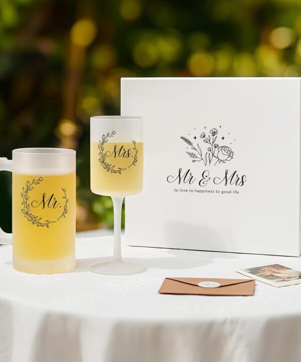 AW BRIDAL Mr & Mrs Wine Glass and Beer Mug Gift Set for Wedding Couples, 2025 Bridal Shower Engagement Gifts for Newlyweds, Bride and Groom Champagne Flutes for Annivesary Bachelorette Party