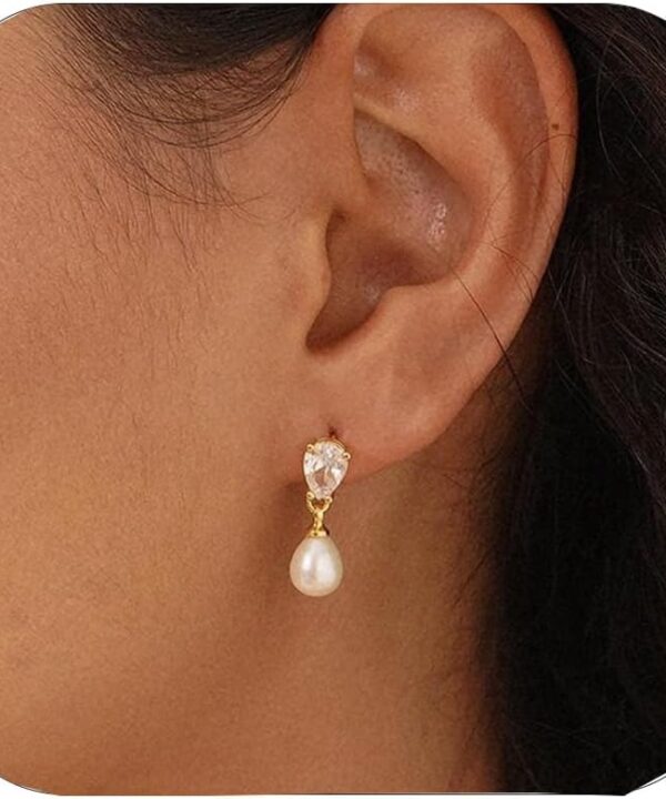 Pearl Earrings for Women Trendy, Dainty 14K Gold Plated CZ Pearl Drop Earrings Cute Dangle Earring Wedding Prom Jewelry Bridal Gifts for Her