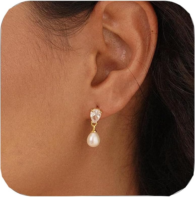 Pearl Earrings for Women Trendy, Dainty 14K Gold Plated CZ Pearl Drop Earrings Cute Dangle Earring Wedding Prom Jewelry Bridal Gifts for Her