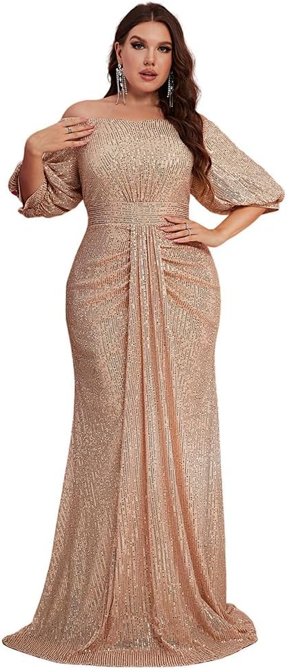 Women's Plus Size Off Shoulder Puff Sleeve Sequin Formal Maxi Dress Evening Party Gowns