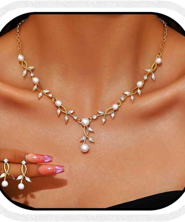 Unicra Gold Pearl Necklace Earrings Sets Rhinestone Bridal Wedding Jewelry Set Formal Prom Costume Jewelry Sets for Women and Brides