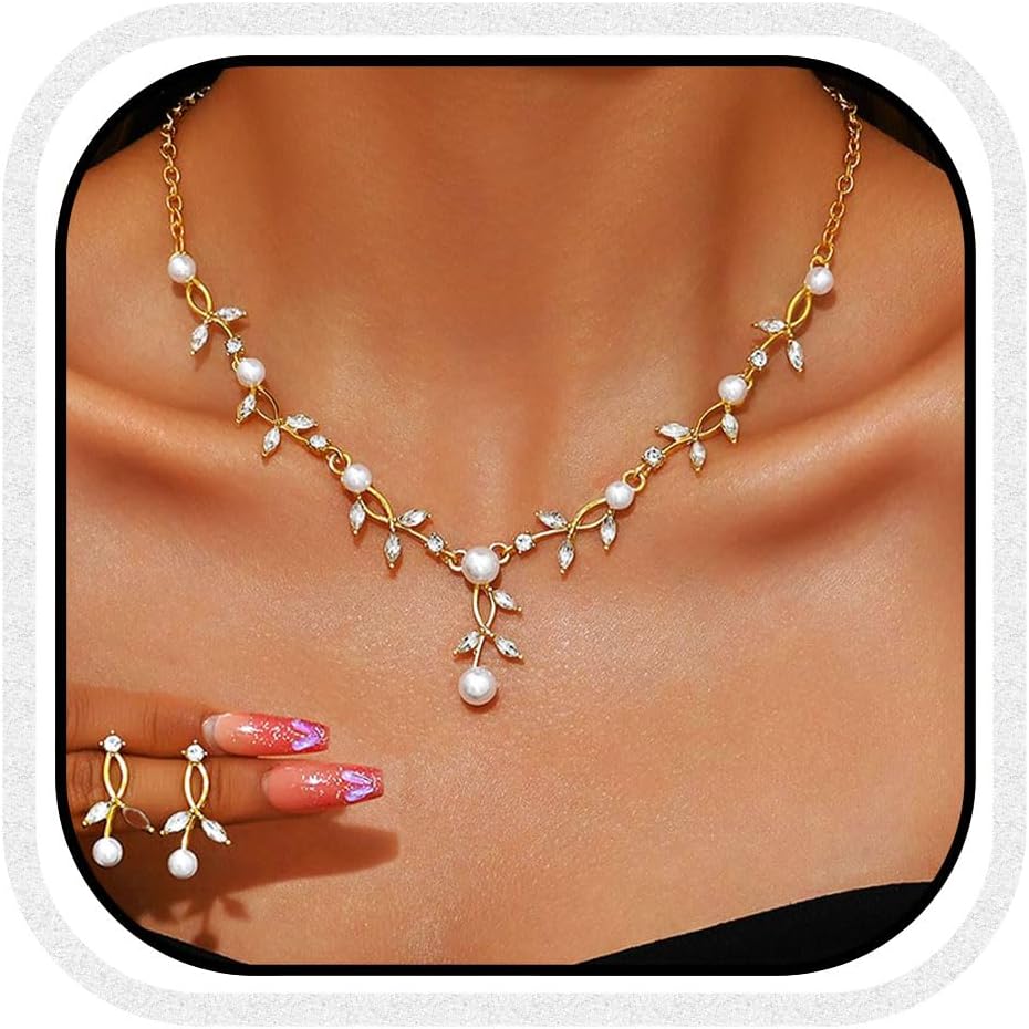 Unicra Gold Pearl Necklace Earrings Sets Rhinestone Bridal Wedding Jewelry Set Formal Prom Costume Jewelry Sets for Women and Brides