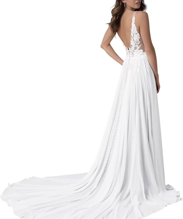 Chiffon Spaghetti Straps Wedding Dresses for Bride Lace Applique V Neck A Line Sparkly Bridal Gown with Train