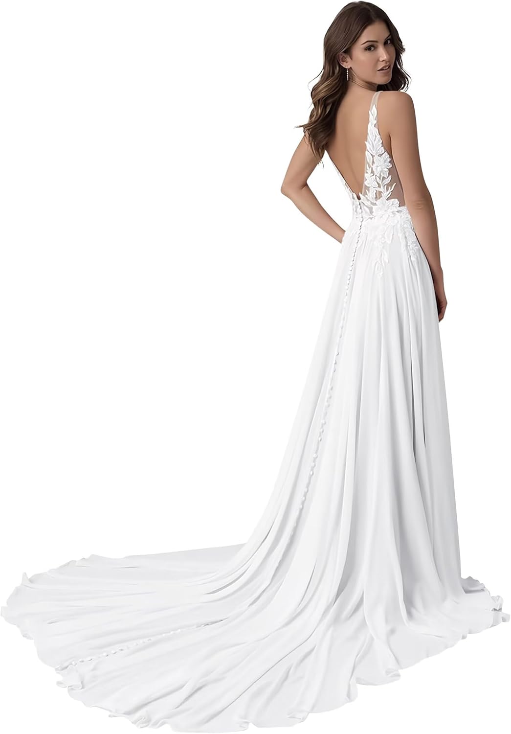 Chiffon Spaghetti Straps Wedding Dresses for Bride Lace Applique V Neck A Line Sparkly Bridal Gown with Train