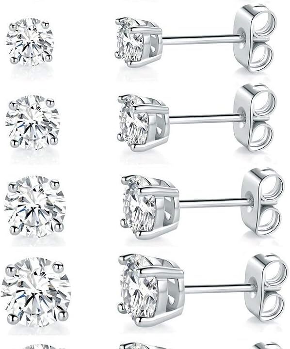 18K White Gold Plated 4 Pong Round Clear Cubic Zirconia Stud Earring Pack of 6 Pairs (6 Pairs)