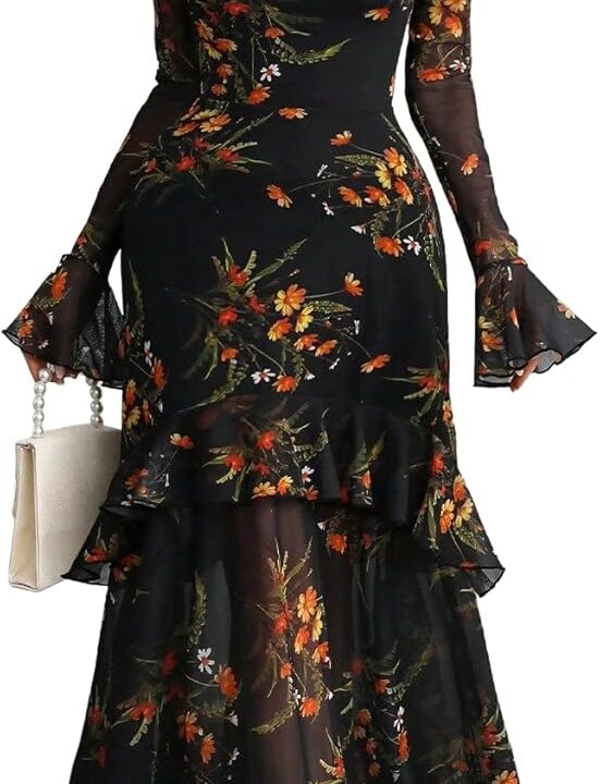 GothDark Womens Floral Maxi Dress Sheer Mesh Bell Sleeve Tiered Ruffle Gothic Romantic Casual Long Dresses