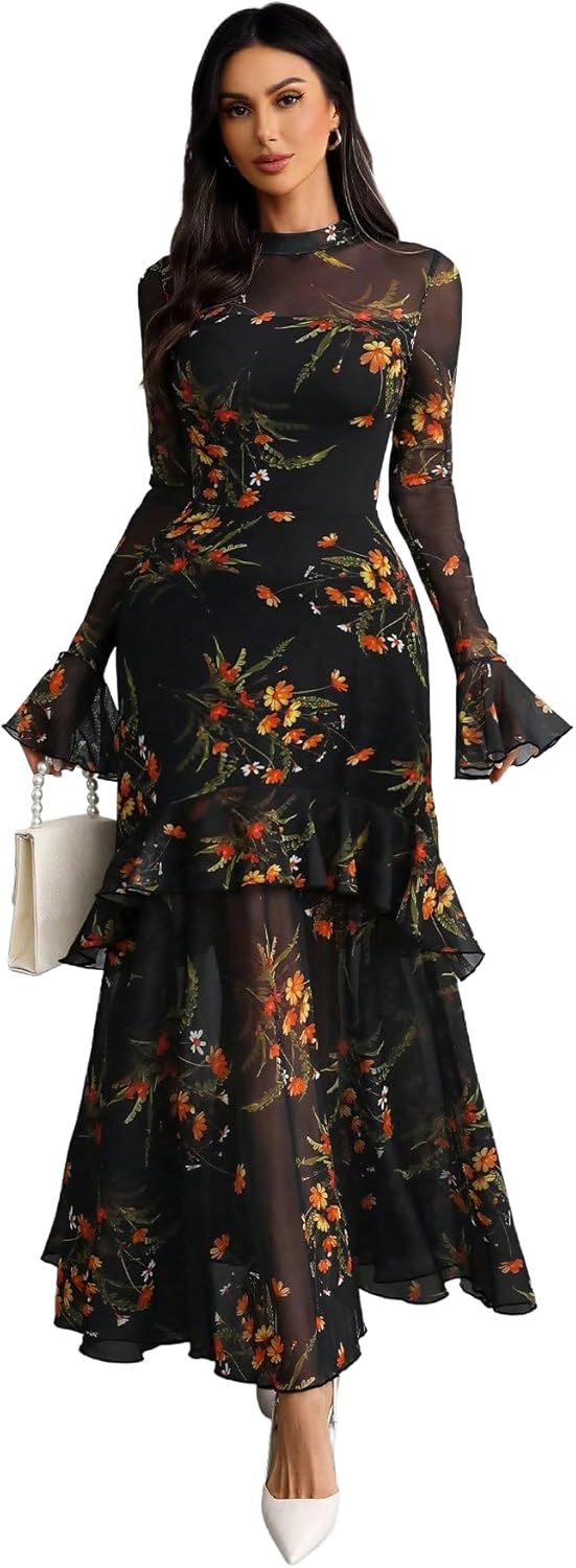 GothDark Womens Floral Maxi Dress Sheer Mesh Bell Sleeve Tiered Ruffle Gothic Romantic Casual Long Dresses