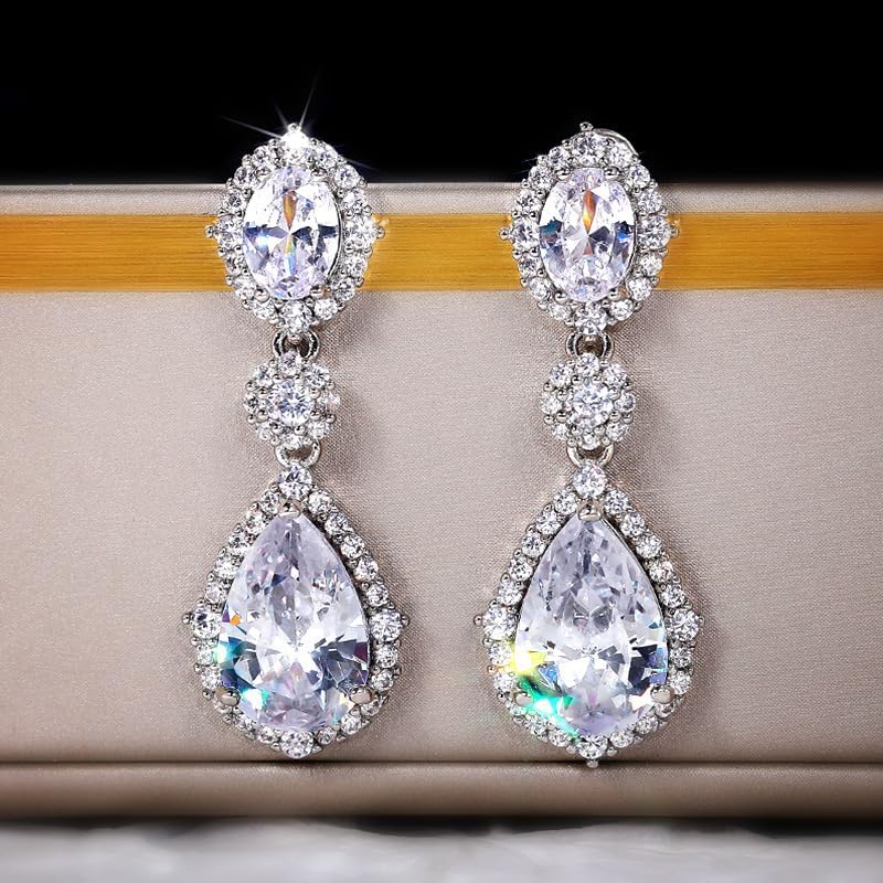 Wedding Earrings Teardrop Elegant Dangle Drop CZ Marquise Cubic Zirconia AAAAA 18K Gold Plated Rhinestone Luxurious for Brides Bridal Wedding Bridesmaid Prom Women Precious Crystal (Silver 9)