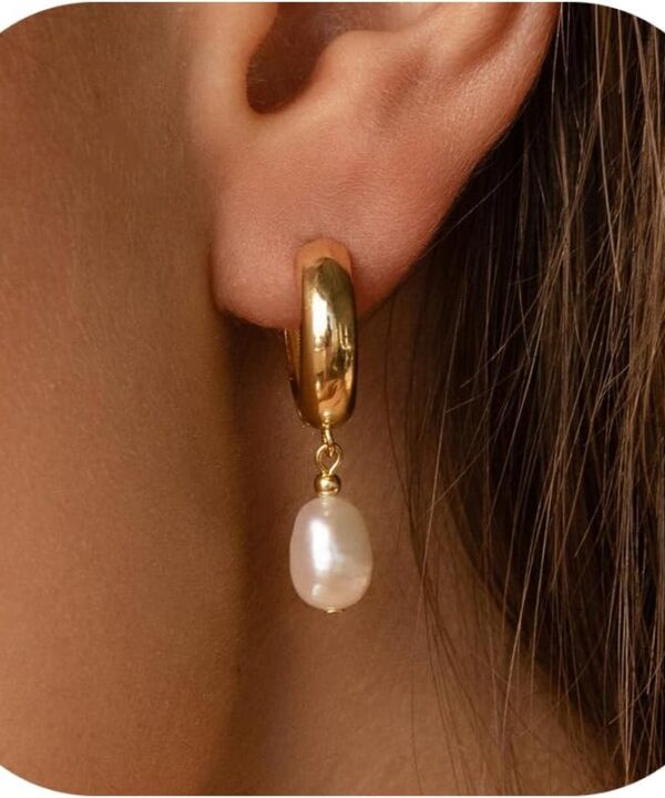 Pearl Earrings for Women 14K Gold Freshwater Pearl Hoop Earring Dangle Drop Wedding Earrings Bridal Bridesmaid Jewelry Gifts for Women