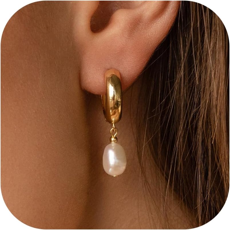 Pearl Earrings for Women 14K Gold Freshwater Pearl Hoop Earring Dangle Drop Wedding Earrings Bridal Bridesmaid Jewelry Gifts for Women