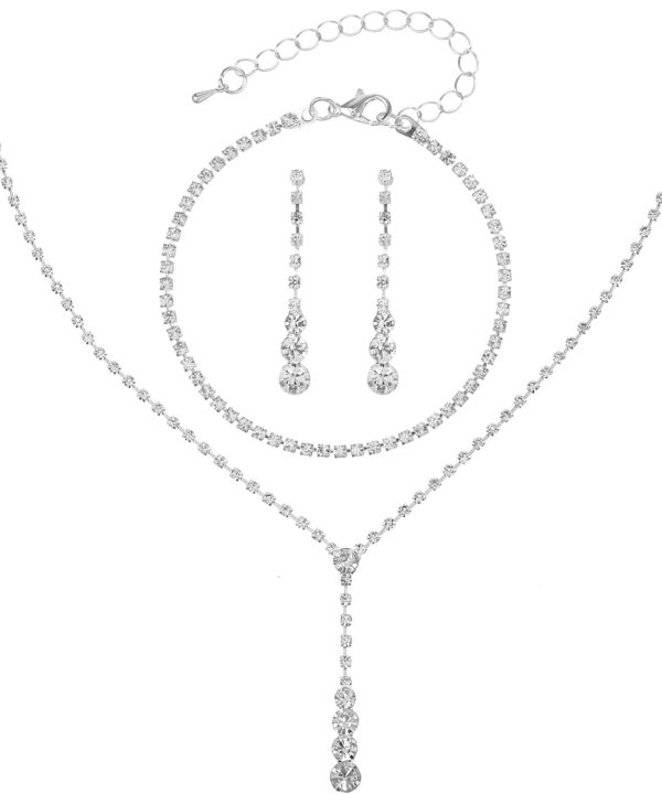 Wedding Jewelry Sets for Brides, Crystal Silver Necklace and Earring Set Rhinestone Necklace Bracelet Dangle Earrings for Women Bride Bridesmaid Wedding Party Prom Costume Accessories
