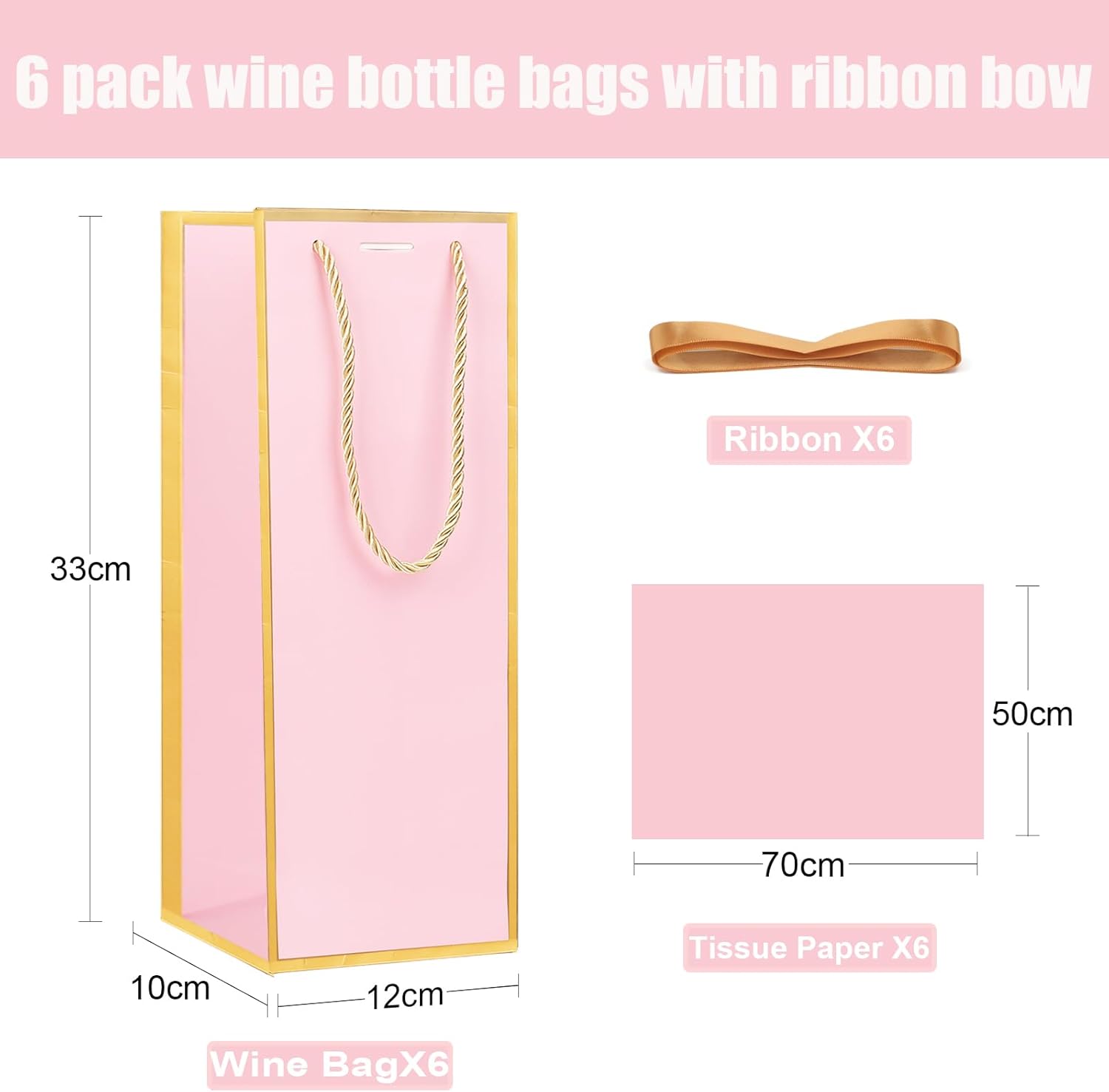 ZJHiome 6 Pack Wine Gift Bags with Tissue Paper Wine Bottle Paper Bags with Bow Ribbon for Wedding Birthday Christmas Retirement Party Supplies (Pink)
