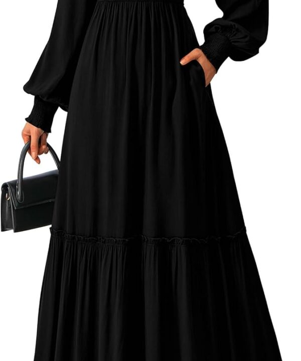 KIRUNDO Casual Fall Dresses for Women 2025 Flowy Long Sleeve Maxi Dress Smocked Empire Waist Square Neck Wedding Party