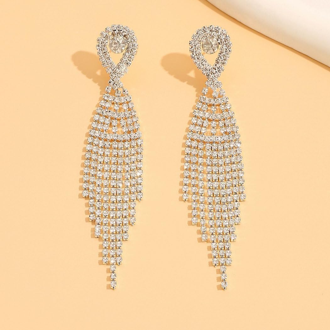 Unicra Long Tassel Rhinestone Earrings Silver Diamond Dangle Earrings Jewelry Sets Crystal Bridal Wedding Earrings Accessories for Women and Brides