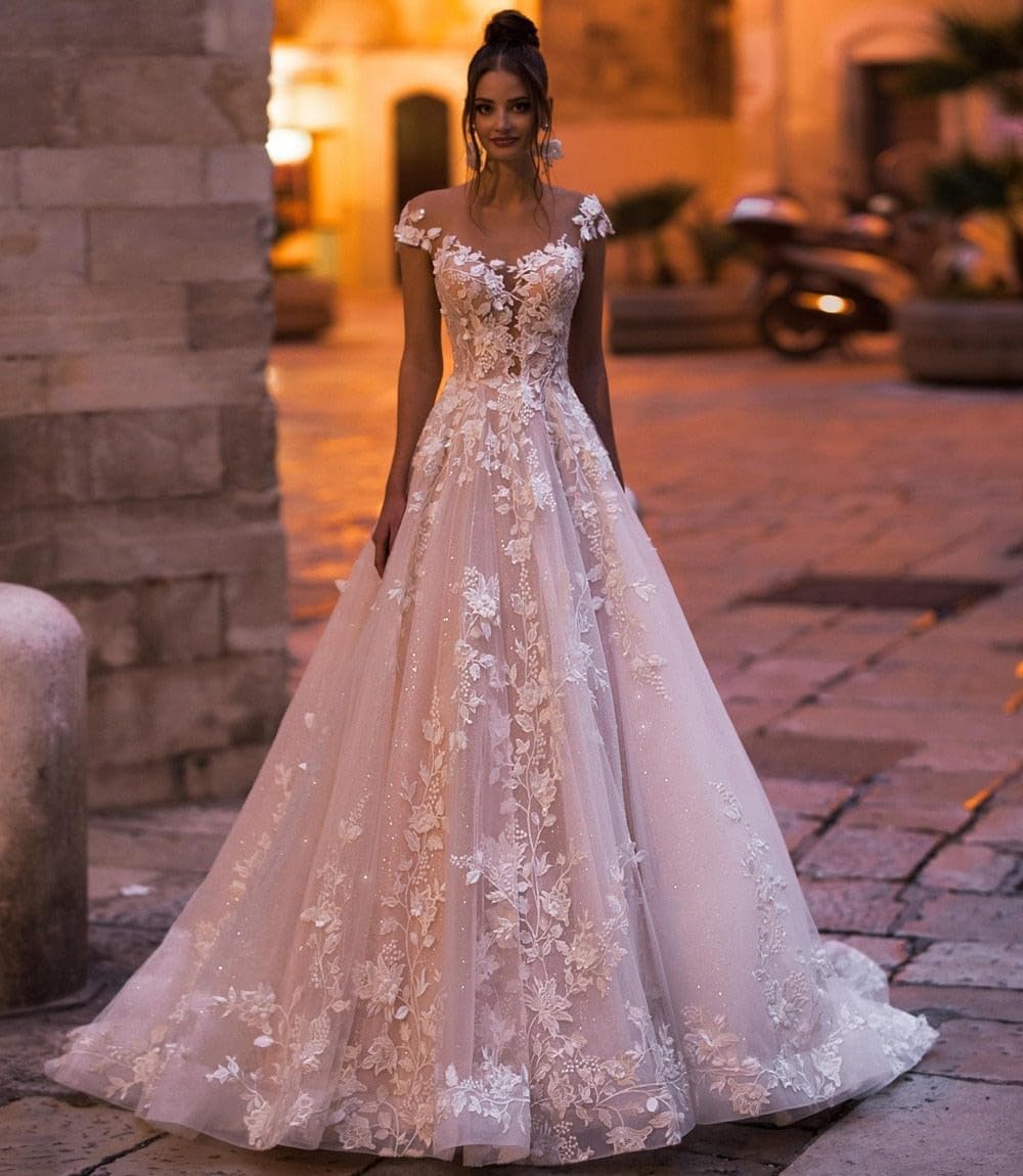 Zeeyecie V Back Wedding Dresses Sexy Elegant A-Line Glitter Lace Applique Floor Length Long Bridal Gown for Bride 2025