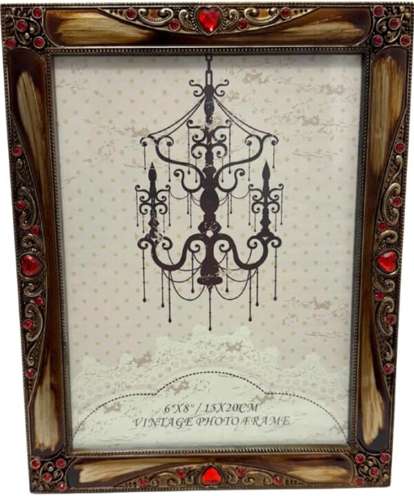 Vintage Photo Frame with Red Heart Jewels, Antique Style Decorative Border (6x8 Inches)
