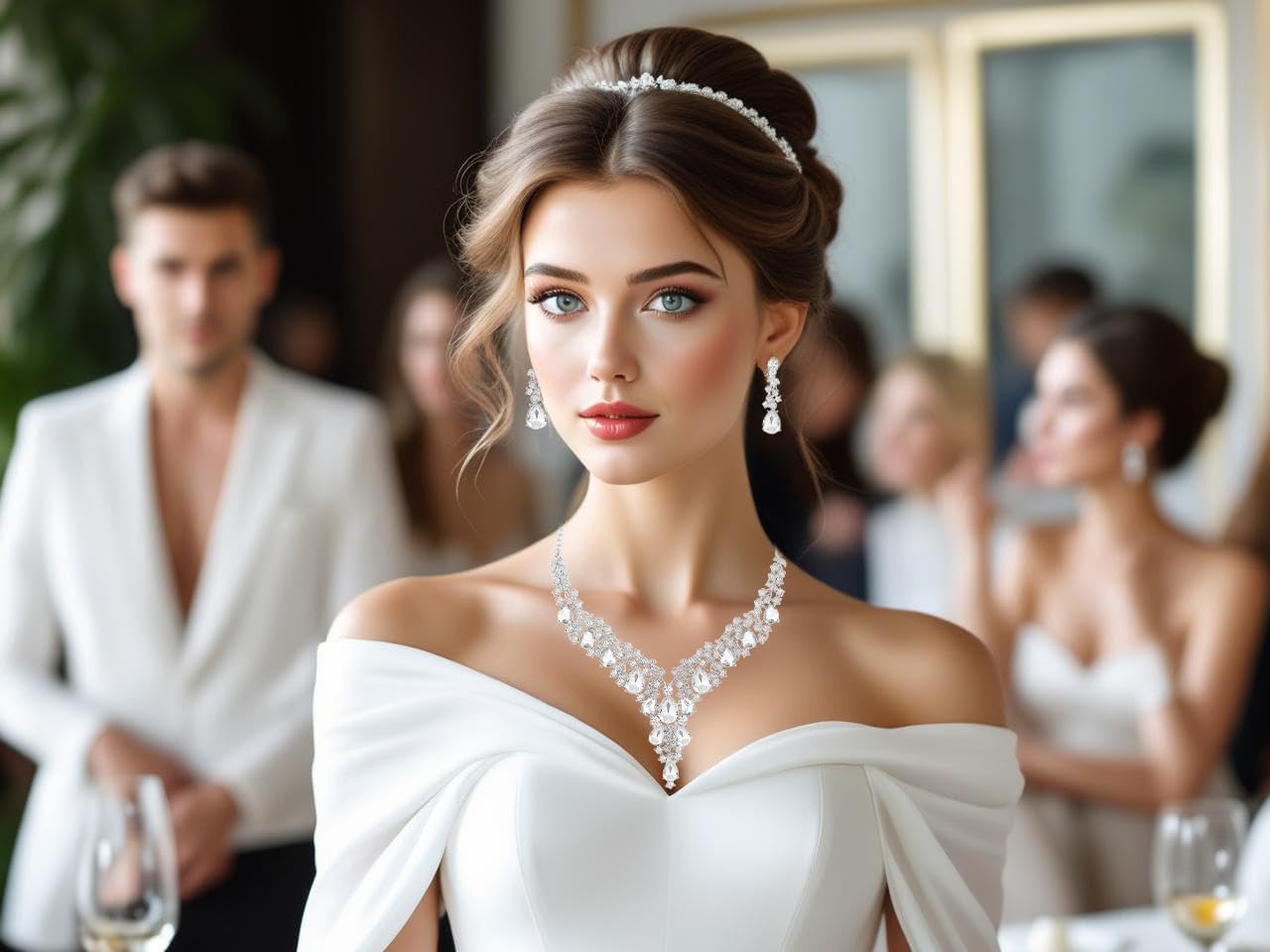 Wedding Bridal Bridesmaid Austrian Crystal Rhinestone Jewelry Sets Statement Choker Necklace Earrings Bracelets Sets for Wedding Party Prom