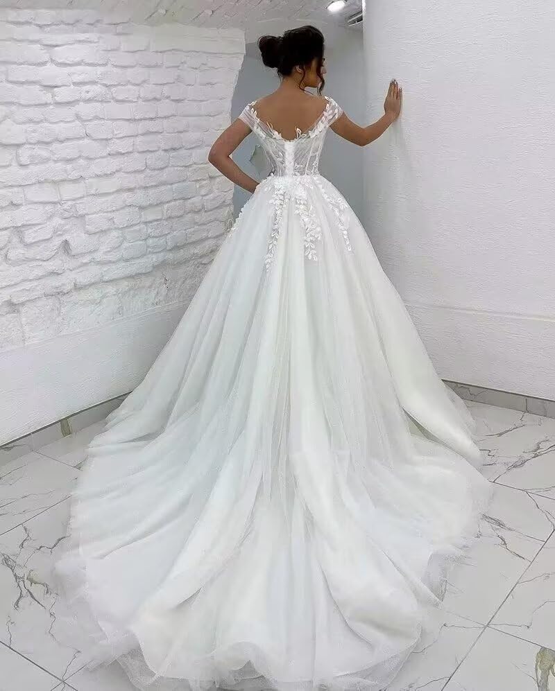 Off Shoulder Lace Applique Wedding Dress for Bride Strapless A-Line Satin Pleated Tulle Bridal Ball Gown with Corset
