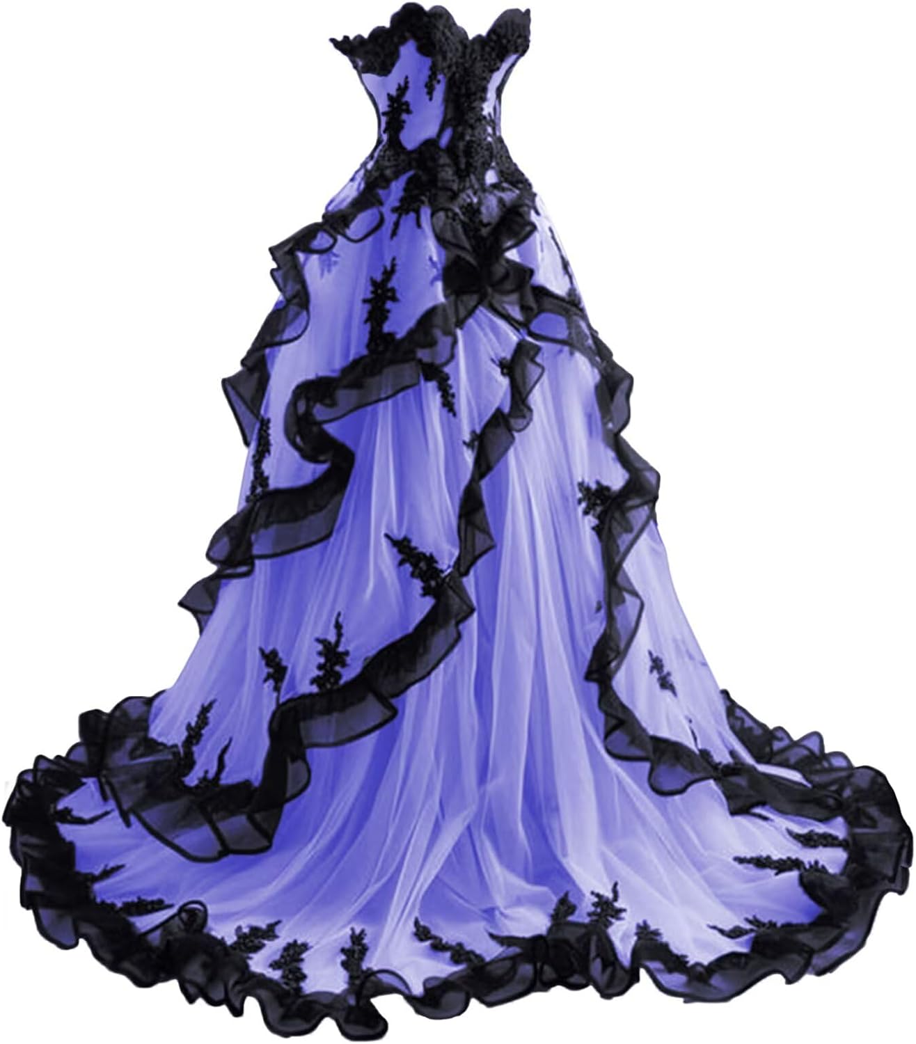 Mouccy Gothic Black Lace Wedding Dresses for Bride Strapless Tulle Bridal Gowns with Train A-line Wedding Gown with Ruffles