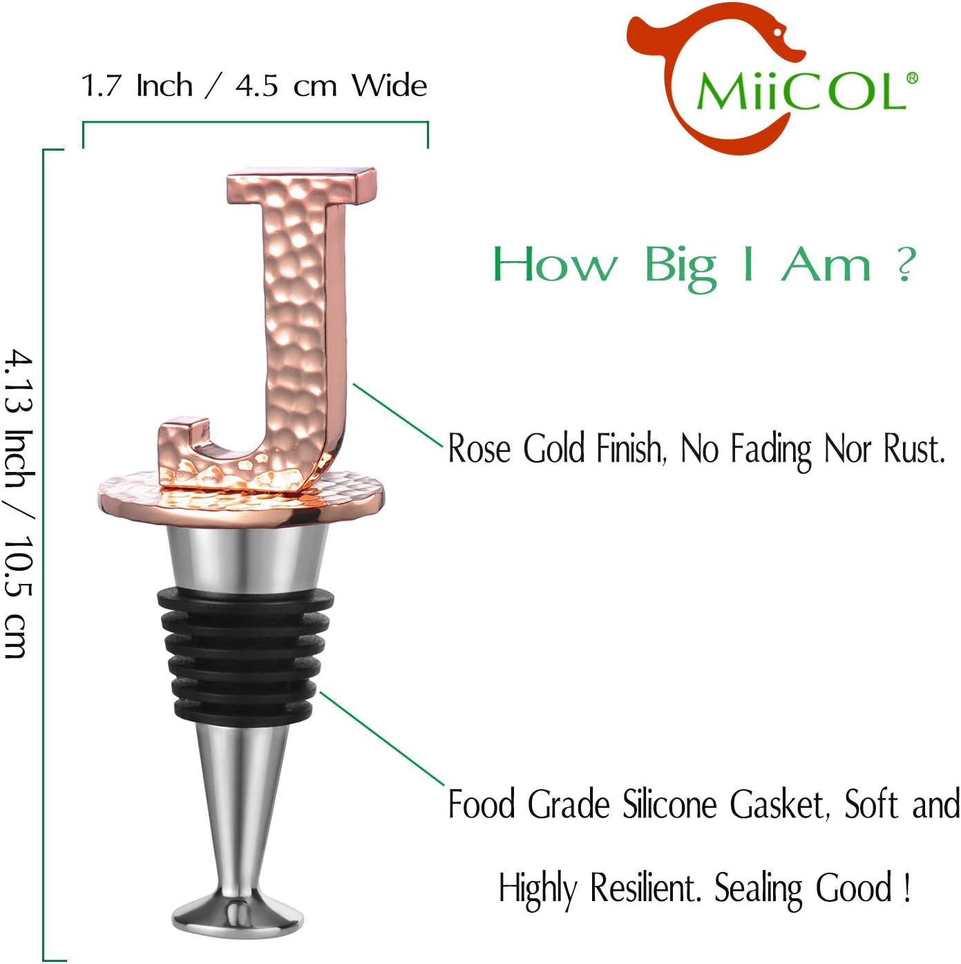 Miicol Wine Stopper, Prosecco Topper, Personalised Champagne Stopper, Rose Gold Wine Bottle Accessories, Wine Lovers Gift, Monogram Gift, Letter J