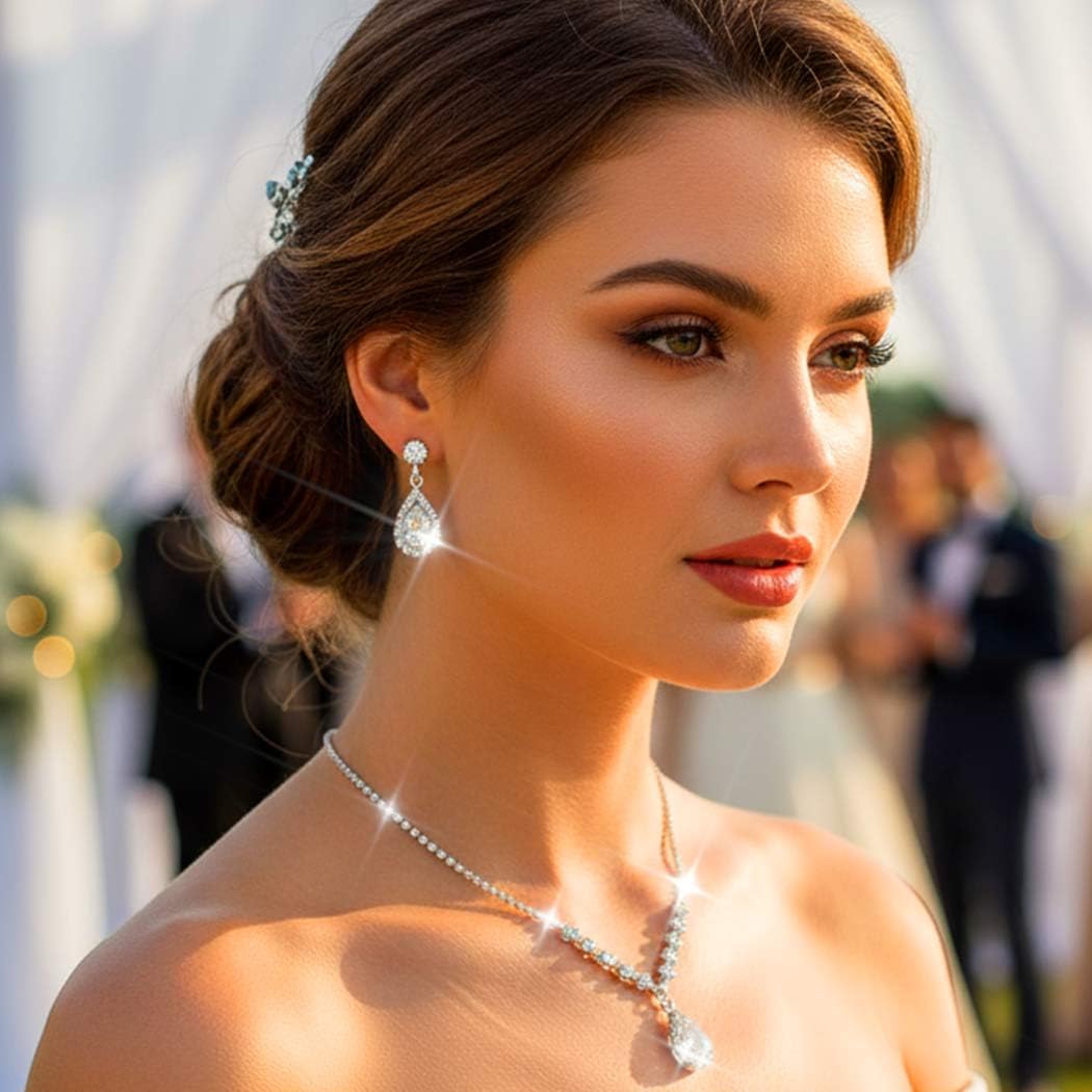 Aukmla Bride Wedding Necklace Earrings Set Silver Rhinestones Necklaces Bridal Crystal Jewelry Accessories for Women (Set of 3)