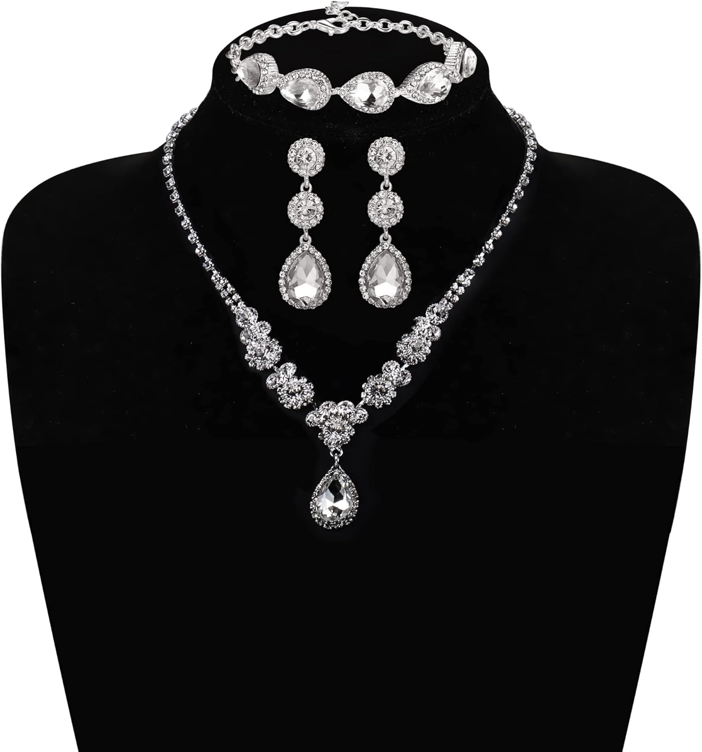 Jstyle Rhinestone Bridal Jewelry Set Necklace Bracelet Clip On Earrings for Brides Bridesmaid Cluster Crystal Teardrop Pendants Jewelry Set for Wedding Prom