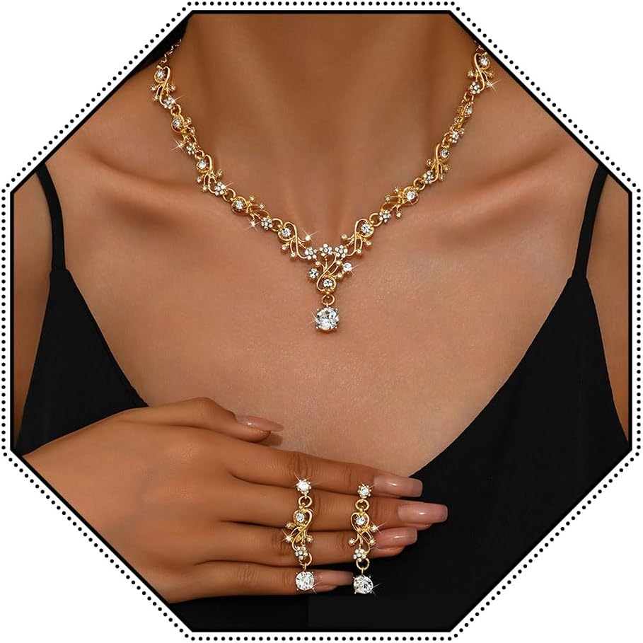 Wedding Necklace Bride Rhinestone Floral Necklace Earring Set Bridal Sets Prom Party Teardrop Dangle Necklace and Earring Drop