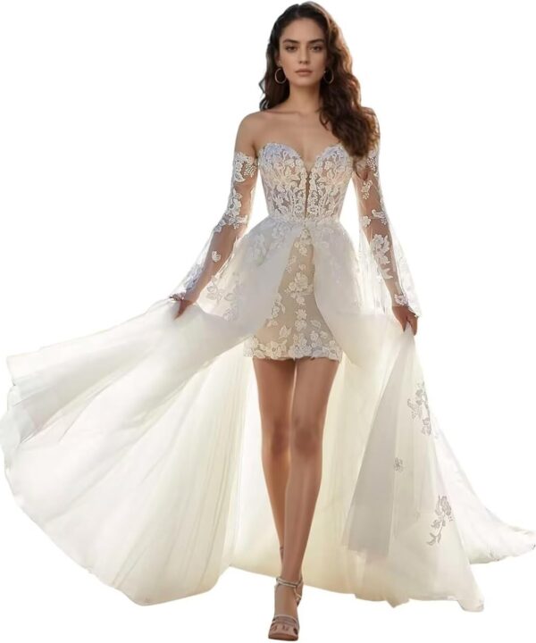 Yuxin Short Wedding Dresses for Bride 2025 Beach Mermaid Lace Tulle Long Sleeve Bridal Gowns 088