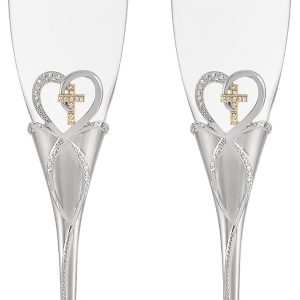 Personalization Universe Engraved Cross & Heart Personalized Wedding Champagne Flutes Dual-Tone with Stones, Customizable Text, Gift Box Included, 10.3" H Glass Set of 2