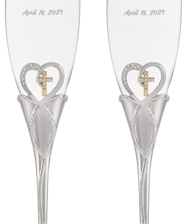 Personalization Universe Engraved Cross & Heart Personalized Wedding Champagne Flutes  Dual-Tone with Stones, Customizable Text, Gift Box Included, 10.3" H Glass Set of 2