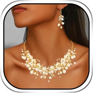 Sixexey Bridal Wedding Jewelry Set Gold Pearl Necklace Jewelry Crystal Rhinestone Necklace and Earrings Prom Costume Jewelry for Women and Brides