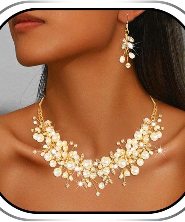 Sixexey Bridal Wedding Jewelry Set Gold Pearl Necklace Jewelry Crystal Rhinestone Necklace and Earrings Prom Costume Jewelry for Women and Brides