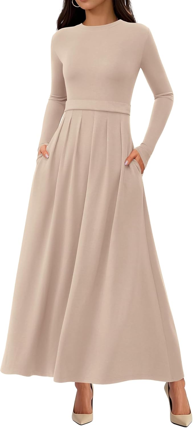 BTFBM Long Sleeve Dress for Women 2025 Winter Business Casual Clothes Pleated Fall Wedding Guest Dresses Pockets