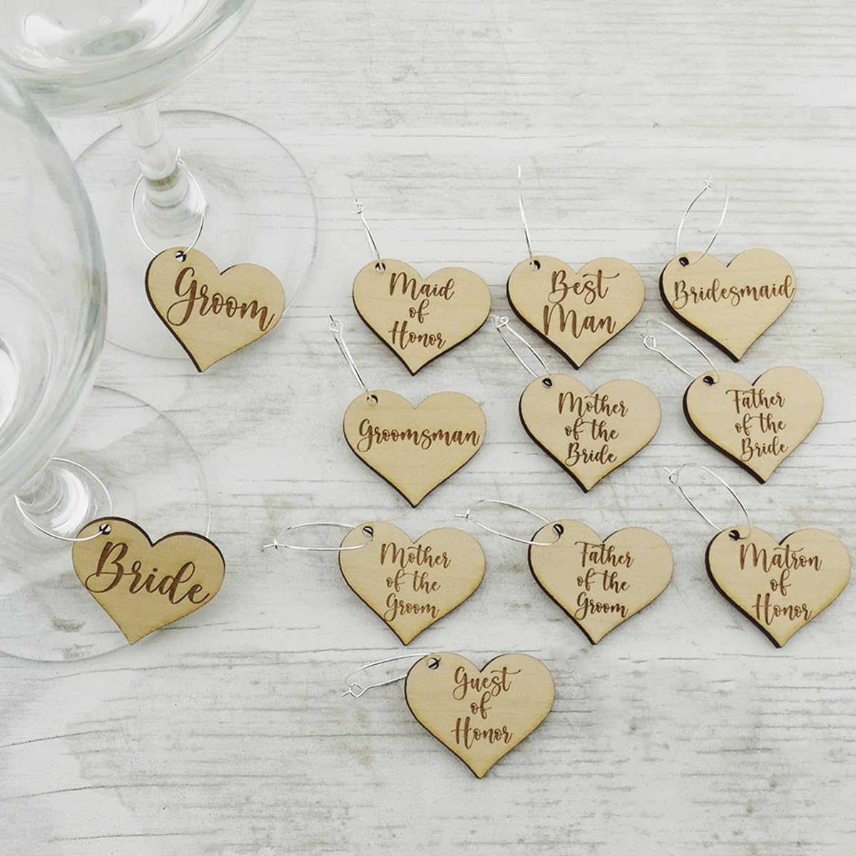 FashionJunkie4Life Wedding Guest Wine Glass Charm Markers – Laser Engraved Wood – Wedding Favor Table Decor – Comes with Silver Hooks
