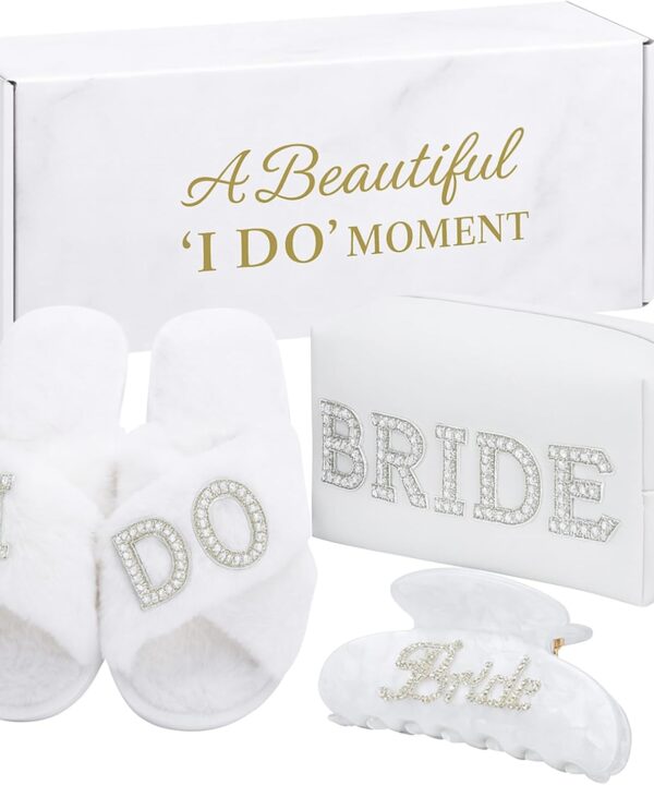 Bridal Shower Gifts, Bride To Be Gift Set, Wedding Gifts for Bride, Bachelorette Gifts for Bride, Engagement Gift for Her, Bachelor Party Christmas Gifts, Makeup Bag, I DO Slippers, Hair Clip