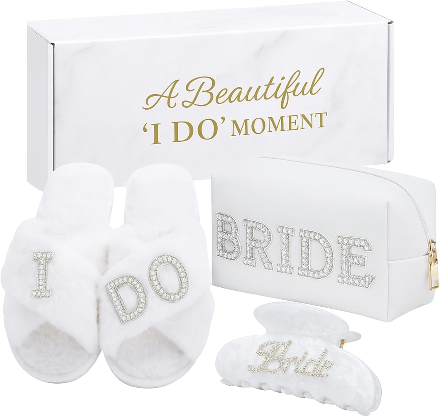 Bridal Shower Gifts, Bride To Be Gift Set, Wedding Gifts for Bride, Bachelorette Gifts for Bride, Engagement Gift for Her, Bachelor Party Christmas Gifts, Makeup Bag, I DO Slippers, Hair Clip