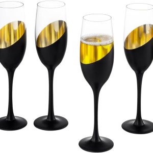 MyGift Modern Stemmed Champagne Flute Glasses Set of 6 with Matte Black and Gold Plated Design, Toasting Glass Party and Wedding Wine Glass, 8 oz