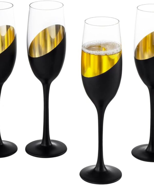 MyGift Modern Stemmed Champagne Flute Glasses Set of 6 with Matte Black and Gold Plated Design, Toasting Glass Party and Wedding Wine Glass, 8 oz