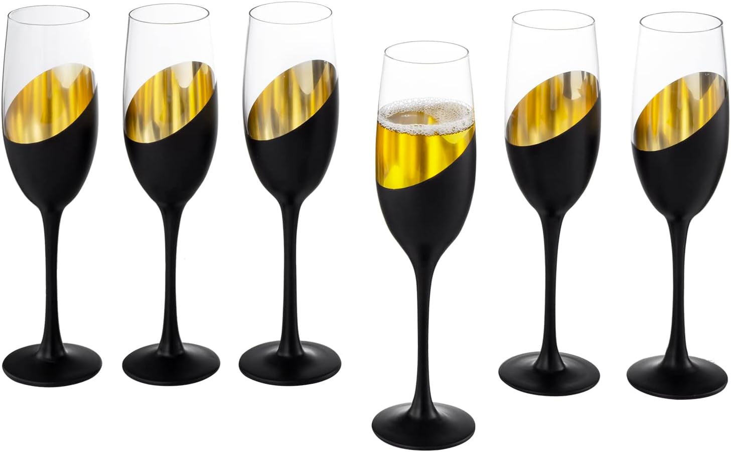 MyGift Modern Stemmed Champagne Flute Glasses Set of 6 with Matte Black and Gold Plated Design, Toasting Glass Party and Wedding Wine Glass, 8 oz