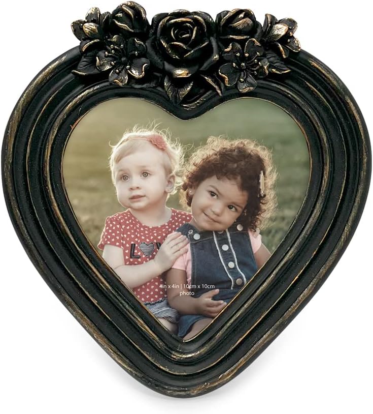 Isaac Jacobs 4×4 Heart-Shaped Resin Picture Frame with Rose Design, Decorative Photo Frame, Tabletop & Wall Display, Hanging Display & Home Décor (Black With Gold)