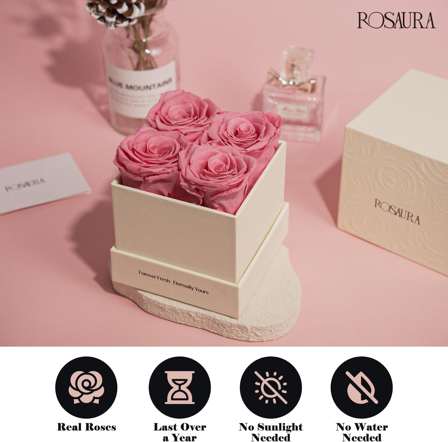 Rosaura 4-Piece Eternal Preserved Roses & Flowers Gift Box – Forever Lasting Real Roses, Preserved Flowers for Valentine’s Day Pink