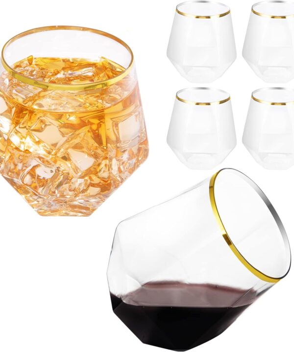 LUODA Gold Diamond Shaped Plastic Stemless Wine Glasses Set of 24, Disposable 12 Oz Gold Plastic Whiskey Glasses for Birthday, Housewarming and Weddings