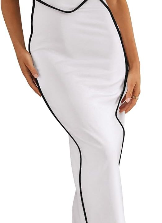 BTFBM Women Bodycon Maxi Dress Square Neck Sleeveless Contrast Binding Slit Cocktail Formal Wedding Guest Dresses 2025